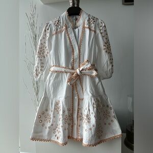 NWT💥Embroidered White and Tan mini dress, Christian Lacroix size XS